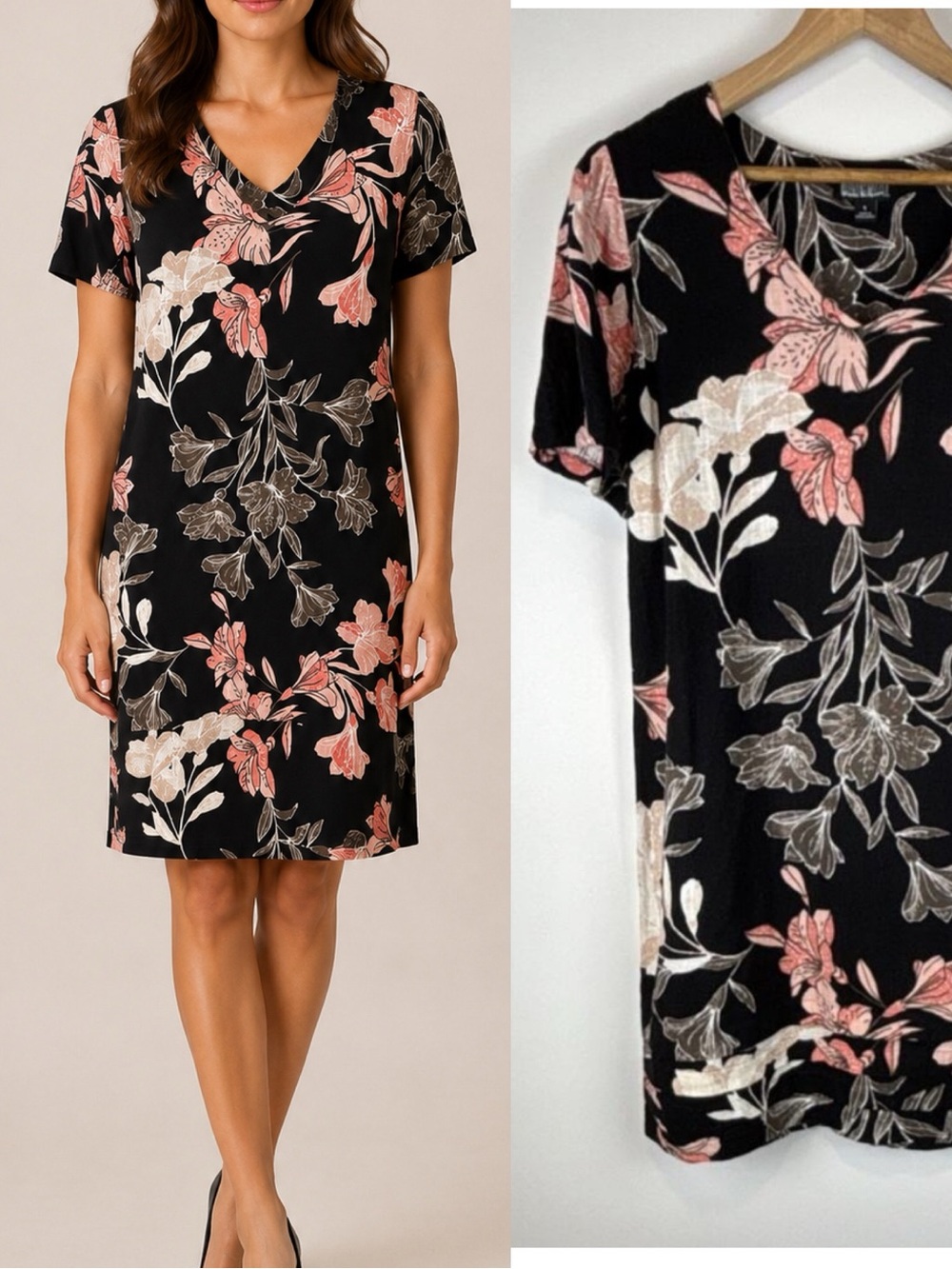 Nicole Miller Black Pink Floral Linen Viscose Shift Dress Sz S minimalist